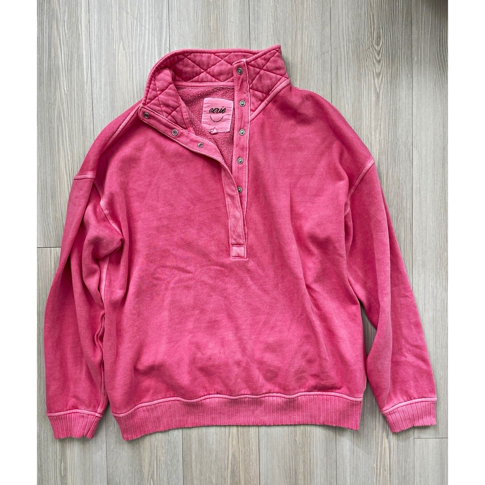 Aerie Women's Sz XS Pink Mock Neck Snap Pullover Quilted Collared Sweatshirt